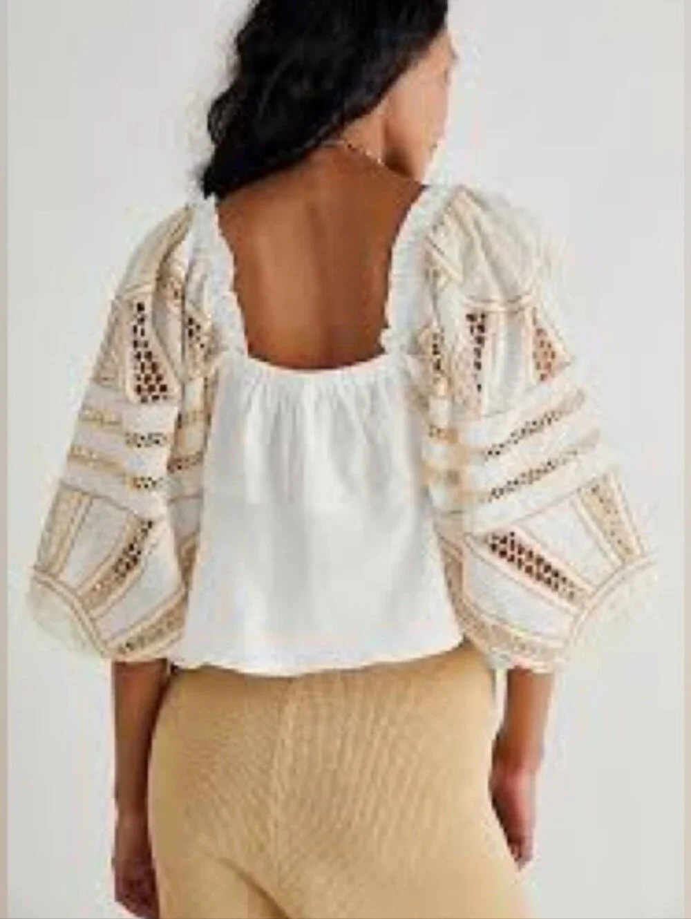 Free People White Crop Tie-Front Top with Crochet-Pattern Sleeves